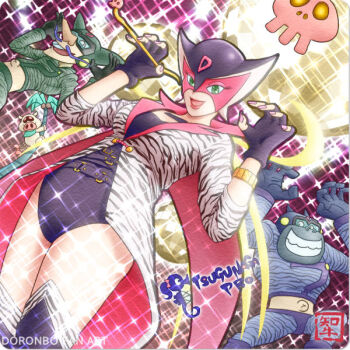 animal_print bow boyakki bracelet buck_teeth coconut disco_ball doronjo facial_hair fingerless_gloves gloves green_eyes jewelry mask mustache navel odate_buta open_mouth outie_navel palm_tree pig pink_nails purple_hair shiretoko_milk_09 smile tail tail_bow tail_ornament teeth time_bokan_(series) tonzura tree yatterman zebra_print