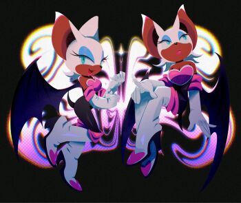 1girl 2girls animal_ears animal_nose aqua_eyes bare_shoulders bat_ears bat_girl bat_wings black_background black_bodysuit blue_eyes blue_eyeshadow body_fur bodysuit boots breasts chromatic_aberration cleavage clenched_hand closed_mouth elbow_gloves eyelashes eyeshadow full_body furry furry_female gloves green_eyes half-closed_eyes hand_up hands_up happy high_heel_boots high_heels highres knee_boots lipstick looking_at_viewer looking_to_the_side makeup medium_breasts multiple_girls multiple_views omentu5 open_mouth pink_lips purple_wings red_lips rouge_the_bat shiny_clothes shoes short_hair sideways_mouth simple_background smile sonic_(series) sparkle standing tail thigh_boots thighhighs white_fur white_gloves white_hair wings