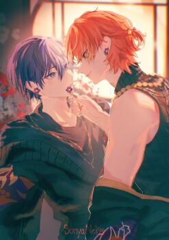 2boys aoyagi_touya bare_shoulders black_jacket commentary earrings flower highres jacket jewelry light_blush looking_at_another multicolored_hair multiple_boys necklace orange_hair orange_nails pearl_necklace ponytail project_sekai shinonome_akito sonyaneko symbol-only_commentary watermark