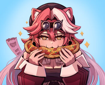+_+ 1girl :3 absurdres animal_ears ascot beret black_hat blue_background breasts closed_mouth coat commentary english_commentary fingernails food goggles goggles_on_head hair_intakes hat highres hololive hololive_english large_breasts long_hair long_sleeves looking_at_viewer multicolored_hair panther_ears panther_girl panther_tail pink_coat pink_hair pink_tail pizza raora_panthera raora_panthera_(1st_costume) smile solo sparkle streaked_hair tail two-tone_hair virtual_youtuber white_ascot yellow_eyes yume_(yume_ato29)
