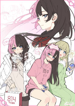 !? 2girls absurdres alcohol bag blue_eyes blush border bow brown_hair can clothes_writing commentary_request drunk food green_hair hanabusa_lisa highres holding holding_bag holding_can holding_food jacket long_hair long_sleeves looking_at_viewer multicolored_hair multiple_girls open_mouth pantyhose pink_border pink_hair pink_shirt red_bow shirt shorts signature simple_background sleep_mask split-color_hair sweater t-shirt tachibana_hinano tachibana_hinano_(2nd_costume) tachibana_hinano_(5th_costume) translation_request tsuruya_(l_re10_l) two-tone_hair virtual_youtuber vspo! white_background white_jacket