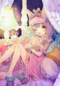 1girl animal animal_ears aqua_eyes barefoot bow commentary_request curtains double-parted_bangs dress dress_bow fang foot_out_of_frame frilled_dress frills grey_hair hand_up holding holding_animal knees_up lamp long_hair looking_at_viewer mask mask_on_head mouse_(animal) one_eye_closed open_mouth original painting_(medium) pink_dress reclining short_dress skin_fang sleep_mask sleepwear solo stuffed_animal stuffed_mouse stuffed_toy tears traditional_media watercolor_(medium) yachi_waki yawning