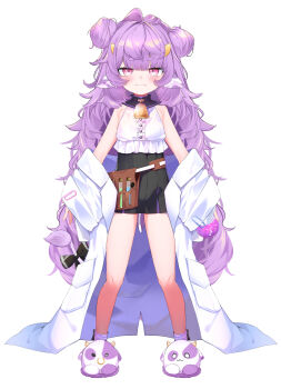 1girl absurdres animal_ears arms_at_sides bare_shoulders bell black_skirt blunt_bangs blush center_frills closed_mouth clothes_down coat commentary_request cow_ears cow_horns cowbell double_bun flask flipped_hair frills full_body hair_bun high-waist_skirt highres horns jitome lab_coat legs_apart long_hair looking_at_viewer messy_hair mini_moo mole mole_on_thigh mole_under_mouth muu_muyu neck_bell official_art open_clothes open_coat phase_connect pink_eyes purple_hair purple_socks round-bottom_flask shirt simple_background skirt sleeveless sleeveless_shirt socks solo standing straight-on tachi-e test_tube thick_eyebrows utsusumi_kio very_long_hair virtual_youtuber wavy_mouth white_background white_coat