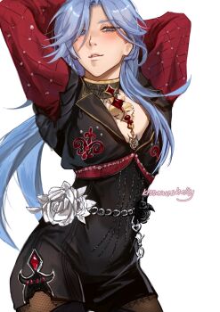 Rule 34 | 1boy, absurdres, androgynous, arched back, arms up, bishounen, black choker, black dress, black flower, black rose, blue hair, blush, chain belt, choker, commentary, covered navel, cowboy shot, curtained hair, dress, ear blush, edmond (nu carnival), english commentary, fishnet pantyhose, fishnets, fleur-de-lis, flower, gem, hair over one eye, half-closed eyes, highres, kissawnshelly, lace, lace-trimmed dress, lace trim, long hair, long sleeves, looking at viewer, looking down, low ponytail, male focus, narrow waist, nu carnival, official alternate costume, pantyhose, parted bangs, parted lips, pearl (gemstone), ponytail, red gem, rose, sequins, shirt under dress, short dress, side slit, simple background, solo, twitter username, very long hair, white background, white flower, white rose