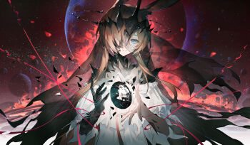 1girl absurdres amiya_(arknights) amiya_(demon_king)_(arknights) animal_ears arknights blue_eyes brown_hair crown dress egg gradient_background hair_over_one_eye hands_up highres long_hair looking_at_viewer magic material_growth multiple_moons oripathy_lesion_(arknights) rabbit_ears red_background smile solo star_(sky) torn_clothes upper_body veil white_background white_dress wu_tang_qishui_zhuanying_dian
