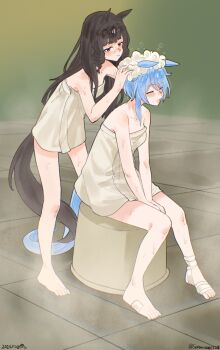 Rule 34 | 2girls, absurdres, animal ears, bandaged foot, bandages, bare shoulders, bath stool, blue hair, blush, breasts, brown hair, closed eyes, closed mouth, collarbone, commentary request, daiichi ruby (umamusume), drill hair, drill sidelocks, hair between eyes, highres, horse ears, horse girl, horse tail, k.s.miracle (umamusume), long hair, multiple girls, naked towel, open mouth, purple eyes, saramiao-chan, short hair, side drill, sidelocks, sitting, smile, soap bubbles, stool, tail, towel, twin drills, umamusume, washing another, washing hair, water, wet