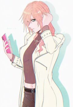 1girl aqua_eyes black_shorts breasts brown_sweater coat cowboy_shot dated dissidia_duellum_final_fantasy dissidia_final_fantasy final_fantasy final_fantasy_xiii hair_between_eyes hand_in_own_hair highres holding holding_phone jewelry lightning_farron lightning_farron_(modern_jacket) long_coat long_hair looking_at_viewer lux_spei medium_breasts midriff necklace official_alternate_costume phone pink_hair shorts solo sweater turtleneck turtleneck_sweater wavy_hair white_background white_coat