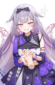 1girl 1other :d absurdres aotake_iro asymmetrical_sleeves black_skirt bow center-flap_bangs collared_shirt colored_inner_hair commentary cropped_shirt detached_sleeves detached_wings disembodied_hand double-parted_bangs english_commentary gradient_hair grey_hair hair_bow hair_flaps hand_grab highres hololive hololive_english hololive_idol_uniform_(color_rise) idol_clothes jewel_under_eye koseki_bijou long_hair looking_at_viewer metal_wings mismatched_sleeves multicolored_hair multicolored_shirt official_alternate_costume open_mouth puffy_detached_sleeves puffy_short_sleeves puffy_sleeves purple_eyes purple_hair purple_shirt shirt short_sleeves simple_background single_detached_sleeve single_sleeve skirt smile solo_focus very_long_hair virtual_youtuber white_background wings
