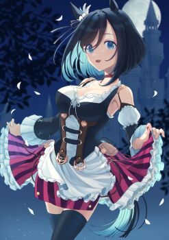 Rule 34 | 1girl, animal ears, black hair, black thighhighs, blue eyes, bob cut, breasts, castle, choker, cleavage, commentary request, detached sleeves, dirndl, ear ornament, eishin flash (meisterschaft) (umamusume), eishin flash (umamusume), full moon, german clothes, hair between eyes, highres, horse ears, horse girl, horse tail, looking at viewer, lvetica, moon, night, red choker, skirt hold, sky, solo, star (sky), starry sky, tail, thighhighs, umamusume