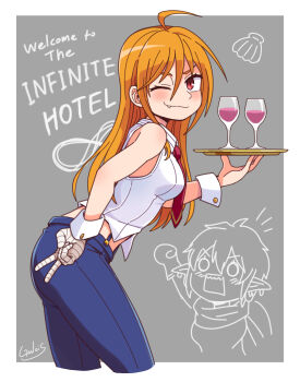 2girls ahoge bandaged_hand bandages blue_pants breasts chibi chibi_inset collared_vest commentary_request cup drinking_glass english_text fang fantasy_suhakdaejeon from_side galois highres holding holding_tray io_(fantasy_suhakdaejeon) kei_(fantasy_suhakdaejeon) korean_commentary long_hair looking_at_viewer medium_breasts multiple_girls necktie one_eye_closed orange_hair pants pointy_ears purple_necktie red_eyes signature suspenders tray v vest white_vest wine_glass wrist_cuffs