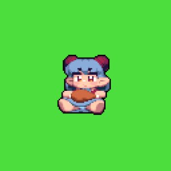 1girl animated animated_gif barefoot blush brown_eyes chibi closed_mouth commentary_request dress eating fang food full_body green_background grey_dress grey_hair horns looping_animation meat pixel_art pointy_ears red_horns sheep_horns short_hair simple_background sitting solo tonchamon_san touhou toutetsu_yuuma