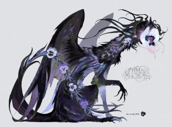 Rule 34 | absurdres, black fur, black tail, black wings, character name, creature, flower, flower head, full body, highres, kamikiririp, monster, monster focus, multicolored fur, no humans, original, pink fur, purple fur, purple wings, simple background, solo, tail, tail flower, tail ornament, white background, wings