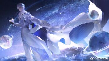 1boy absurdres arm_at_side belt black_belt black_gloves blue_background blue_flower buttons cape chinese_commentary coat collared_shirt commentary_request flower gloves grey_belt grey_eyes grey_hair hair_between_eyes hand_up highres holding holding_jewelry holding_sword holding_weapon jewelry knight looking_to_the_side love_and_deepspace male_focus necklace night pants parted_lips pinstripe_pattern planet shirt short_hair sky solo star_(sky) star_pendant starry_sky sword two-sided_cape two-sided_fabric vest watermark weapon weibo_watermark white_cape white_coat white_pants white_vest xavier_(love_and_deepspace) zhaoyang_he_wu