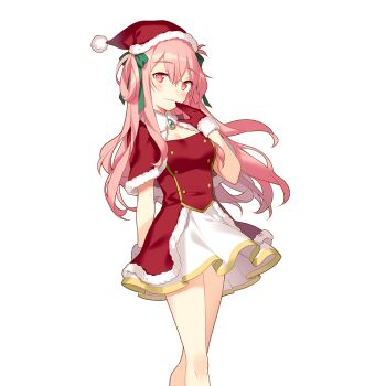 Rule 34 | 1girl, bare legs, breasts, cape, cleavage, commentary request, dress, fur-trimmed cape, fur-trimmed gloves, fur trim, gloves, hair rings, hand to own mouth, hat, long hair, medium breasts, pink eyes, pink hair, red cape, red gloves, rie (reverie), ron cercle, santa costume, santa dress, santa hat, uchi no hime-sama ga ichiban kawaii, very long hair