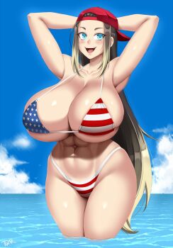 1girl abs american_flag american_flag_bikini american_flag_print armpits arms_behind_head arms_up backwards_hat bare_shoulders baseball_cap beach bikini blonde_hair blue_eyes blue_sky breasts cleavage cloud cloudy_sky collarbone commission cowboy_shot day flag_print flag_print_bikini hat highres horizon huge_breasts long_hair looking_at_viewer muscular navel ocean open_mouth original outdoors print_bikini print_swimsuit sky smile solo standing star_(symbol) stomach swimsuit thick_thighs thighs toned toned_female twrlare wading water wet