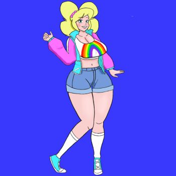 1girl atomickingboo breasts highres jacket large_breasts nipples non-web_source shorts socks solo