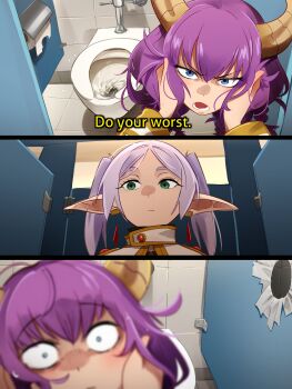 Rule 34 | 2girls, 3koma, absurdres, aura (sousou no frieren), aura bullying (meme), bait and switch, blue eyes, blurry, blurry foreground, blush, comic, constricted pupils, demon horns, disembodied head, earrings, elf, english text, frieren, glory hole, green eyes, grey hair, hair between eyes, highres, holding, holding detached head, horns, humiliation, indoors, jewelry, khyle., long hair, long sleeves, looking at viewer, looking to the side, meme, multiple girls, open mouth, parted bangs, pointy ears, purple hair, sideways glance, sousou no frieren, subtitled, thick eyebrows, tile floor, tile wall, tiles, toilet, toilet paper, twintails, v-shaped eyebrows