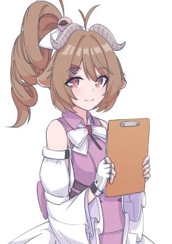 1girl absurdres animal_ears ardelia_(arknights) arknights arknights:_endfield bare_shoulders bow bowtie brown_hair clipboard closed_mouth commentary curled_horns detached_sleeves eyjafjalla_(arknights) fingerless_gloves gloves grey_horns hair_ornament hairclip highres holding holding_clipboard horns light_blush long_sleeves looking_at_viewer medium_hair pink_eyes risu_(risu028) sheep_ears sheep_girl sheep_horns simple_background sleeveless smile solo white_background white_bow white_bowtie white_gloves white_sleeves wide_sleeves