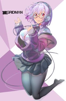 Rule 34 | 1girl, absurdres, black skirt, blush, bow, bowtie, breasts, collared shirt, commentary request, dress shirt, glasses, grey pantyhose, gridman universe, grin, headphones, highres, jacket, kneeling, large breasts, long sleeves, looking at viewer, nanakaku, off shoulder, pantyhose, purple bow, purple bowtie, purple hair, purple jacket, red eyes, sharekoube, shinjou akane, shirt, skirt, smile, solo, ssss.gridman, white shirt