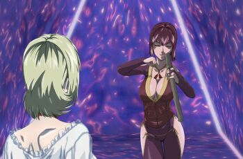 2girls bible_black bible_black_new_testament blonde_hair breasts cleavage closed_eyes curvy dancing dress jody_crowley large_breasts magic meme multiple_girls nightgown red_hair shikairo_days_dance_(meme) shikanoko_nokonoko_koshitantan shin_bible_black short_hair smile takashiro_hiroko tight_clothes white_dress witch