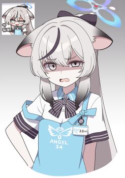 Rule 34 | 1girl, absurdres, alternate costume, alternate hairstyle, apron, black bow, blue apron, blue archive, blue collar, bow, collar, colored tips, grey eyes, grey hair, hair between eyes, hair bow, hand on own hip, highres, kokona (blue archive), long hair, looking at viewer, multicolored hair, half-closed eye, open mouth, ponytail, shaded face, shirt, sidelocks, solo, striped bow, uneven eyes, upper body, vector (dmlddmld00), white shirt