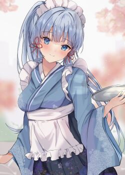 1girl alternate_costume apron ayaka_(genshin_impact) blue_eyes blue_hair blue_kimono blunt_bangs breasts commentary floral_print frilled_apron frills genshin_impact highres holding holding_tray japanese_clothes kimono long_hair looking_at_viewer maid_headdress maruro medium_breasts outdoors ponytail smile solo tray upper_body waist_apron white_apron wide_sleeves