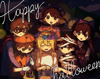 2girls 4boys :3 alternate_costume angel angel_wings animal_ear_hairband animal_ears antenna_hair artist_name aubrey_(faraway)_(omori) aubrey_(omori) basil_(faraway)_(omori) basil_(omori) basket black_eyes black_hair black_mask black_shirt black_sweater_vest blonde_hair blush bright_pupils brother_and_sister brothers brown_hair candy cat_ear_hairband cat_ears closed_eyes closed_mouth collared_shirt domino_mask double-parted_bangs eye_mask fake_animal_ears fake_halo fake_wings flower flower_wreath food gloves hair_between_eyes hairband halloween_costume halo happy_halloween hat head_wreath hero_(faraway)_(omori) hero_(omori) highres holding holding_basket holding_candy holding_food kel_(faraway)_(omori) kel_(omori) komekopan_720 long_hair long_sleeves looking_at_viewer low_twintails mari_(faraway)_(omori) mari_(omori) mask multiple_boys multiple_girls mummy_costume night omori open_mouth outdoors shirt short_hair short_sleeves siblings sidelocks smile sunny_(omori) sweater_vest t-shirt teeth twintails twitter_username upper_teeth_only white_gloves white_pupils white_shirt wings witch_hat