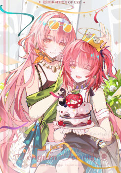 2girls absurdres adoptive_siblings arknights bandana bandana_around_neck belt black_shirt blue_skirt cake cherry commentary commission crop_top crown exusiai_(arknights) exusiai_the_new_covenant_(arknights) eyewear_on_head flower food fruit green_shirt hair_between_eyes hair_tie halo hand_on_another's_shoulder hashtag-only_commentary head_tilt highres holding holding_plate jewelry lemuen_(arknights) long_hair medium_hair minami_branch_peach multiple_girls necklace one_eye_closed one_side_up orange_bandana pink_eyes pink_hair plate polka_dot_bandana red_hair shirt shorts siblings sidelocks sisters sitting skirt smile streamers symbol-only_commentary traditional_halo upper_body very_long_hair watermark white_skirt yellow_belt yellow_eyes