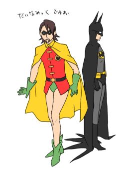2boys barnaby_brooks_jr. batman batman_(cosplay) batman_(series) cape cosplay dc_comics domino_mask eye_mask green_footwear kaburagi_t._kotetsu male_focus mask multiple_boys pixie_boots robin_(cosplay) robin_(dc) robin_(dc)_(cosplay) shoes tiger_&amp;_bunny