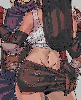 1boy 1girl absurdres armor ass bare_shoulders belt belt_buckle black_hair black_skirt black_sleeves blonde_hair blue_pants blue_sweater brown_gloves buckle clothes_pull cloud_strife commentary couple cowboy_shot crop_top detached_sleeves dimples_of_venus elbow_pads final_fantasy final_fantasy_vii fingerless_gloves from_behind gloves hand_on_another&#039;s_ass hands_on_another&#039;s_shoulders hetero highres long_hair low-tied_long_hair miniskirt multiple_belts pants red_gloves ribbed_sweater shoulder_armor single_elbow_pad skirt skirt_pull sleeveless sleeveless_turtleneck strawderryst sweater symbol-only_commentary tank_top tifa_lockhart turtleneck turtleneck_sweater twitter_username white_tank_top