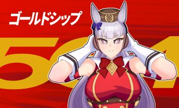 Rule 34 | 1girl, animal ears, armband, blunt bangs, blush, bow, bowtie, breasts, brown hat, closed mouth, commentary, dress, ear bow, ear ribbon, english commentary, frostto, gloves, gold ship (red strife) (umamusume), gold ship (umamusume), grey hair, hat, highres, horse ears, horse girl, long hair, looking at viewer, pillbox hat, purple bow, purple eyes, red bow, red bowtie, red dress, sleeveless, sleeveless dress, smile, solo, striped armband, striped clothes, umamusume, upper body, white gloves