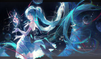 1girl absurdly_long_hair absurdres aqua_eyes aqua_hair aqua_skirt bare_shoulders beamed_sixteenth_notes black_background black_bow black_bowtie black_hairband black_skirt bow bowtie closed_mouth elbow_gloves floating_hair gloves hairband hatsune_miku highres long_hair looking_at_viewer maccha_(mochancc) miku_symphony_(vocaloid) musical_note pause_button play_button pleated_skirt shirt skirt sleeveless sleeveless_shirt solo treble_clef twintails very_long_hair vocaloid white_gloves