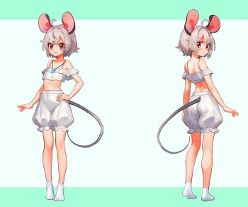 1girl absurdres ahoge alternate_costume animal_ears ass bloomers blush breasts closed_mouth commentary commission english_commentary full_body grey_hair hand_on_own_hip highres jewelry large_variant_set looking_at_viewer midriff mouse_ears mouse_girl mouse_tail multiple_views nazrin necklace open_mouth pendant red_eyes second-party_source shirt short_hair small_breasts smile socks tail touhou tsukiyono_aroe underwear variant_set white_bloomers white_shirt white_socks