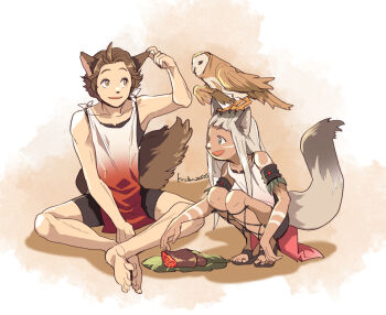 1boy 1girl :d animal animal_ears animal_nose animal_on_head ankle_lace-up bare_arms bare_shoulders barefoot bird bird_on_head blunt_bangs brown_sandals character_request commentary_request dark-skinned_female dark_skin food full_body green_eyes grey_hair kachidama leaf long_hair meat ochette_(octopath_traveler) octopath_traveler on_head open_mouth owl sandals shirt signature sitting sleeveless sleeveless_shirt smile squatting tail white_shirt