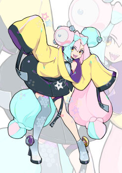 1girl :d absurdres bow-shaped_hair character_hair_ornament clip_studio_paint_(medium) commentary eudetenis full_body grey_shirt grey_shoes hair_ornament happy highres iono_(pokemon) jacket leaning long_hair looking_at_viewer multicolored_hair nintendo open_mouth pokemon pokemon_sv shirt shoes single_thighhigh sleeveless sleeveless_shirt sleeves_past_fingers sleeves_past_wrists smile standing teeth thigh_strap thighhighs twintails two-tone_hair upper_teeth_only yellow_eyes yellow_jacket zoom_layer