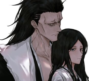 Rule 34 | 1boy, 1girl, anima tion 1, black eyes, black hair, bleach, bleach: sennen kessen-hen, blue eyes, cheekbones, expressionless, frown, haori, height difference, highres, japanese clothes, long hair, scar, scar across eye, scar on face, scar on forehead, shihakusho, sideburns, taichou haori, unohana retsu, zaraki kenpachi