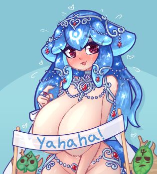1girl @_@ bao_the_whale blue_hair blue_nails blush body_jewelry breasts cetacean_tail covering_breasts covering_privates embarrassed fins fish_tail gem highres huge_breasts indie_virtual_youtuber jewelry korok leaf limebreaker long_hair nintendo nude open_mouth red_eyes red_gem ring smile sweat tail the_legend_of_zelda thighs virtual_youtuber whale_girl