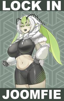 1girl abdomen_tail antennae arthropod_girl bike_shorts black_sclera black_shorts black_sports_bra black_tongue braid breasts colored_sclera colored_skin extra_arms fangs fsteakk green_eyes green_hair hair_between_eyes highres indie_virtual_youtuber insect_girl juniper_actias juniper_actias_(space_invader) large_breasts midriff monster_girl moth_antennae moth_girl navel open_mouth pointy_ears short_eyebrows shorts skin_fangs solo sports_bra thighs twin_braids virtual_youtuber white_hair white_skin