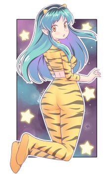 1girl absurdres alternate_costume animal_print ass blush from_behind geraldjess1 green_hair highres horns long_sleeves looking_at_viewer lum midriff official_alternate_costume open_mouth pants pointy_ears tiger_print tight_clothes tight_pants urusei_yatsura yellow_eyes