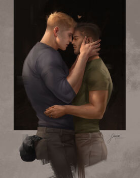 2boys absurdres arm_tattoo bara black_hair black_pants black_shirt blonde_hair brown_pants call_of_duty call_of_duty:_modern_warfare_2 closed_eyes couple facial_hair ghost_(modern_warfare_2) green_shirt hands_on_another&#039;s_face heart highres jeleynai jewelry large_pectorals looking_at_another male_focus multiple_boys muscular muscular_male pants pectorals ring scar scar_on_face shirt short_hair soap_(modern_warfare_2) tattoo yaoi