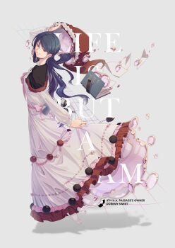 1girl black_capelet blue_eyes blue_hair book capelet clenched_teeth colored_eyelashes commentary doremy_sweet dress english_commentary english_text flying_paper frilled_dress frills from_side grey_background hand_up hat highres holding holding_unworn_clothes holding_unworn_hat lips long_dress long_hair long_sleeves looking_back nightcap paper pom_pom_(clothes) qingshuiwuyin_pary red_hat shadow skirt_hold socks solo tail tapir_tail teeth touhou unworn_hat unworn_headwear white_dress white_socks