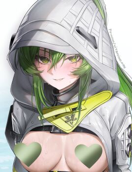 1girl absurdres arknights arknights:_endfield artist_name breasts breasts_out censored commentary fluorite_(arknights) green_eyes green_hair hair_between_eyes heart heart_censor highres hooded_shrug long_hair looking_at_viewer medium_breasts paid_reward_available parted_lips shrug_(clothing) smile solo symbol-only_commentary upper_body vitaminechan wet white_shrug