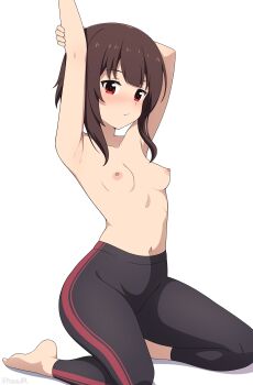 1girl absurdres alternate_costume arm_behind_head arm_up barefoot black_pants blunt_bangs blush breasts brown_hair closed_mouth collarbone commentary highres kneeling kono_subarashii_sekai_ni_shukufuku_wo! legs looking_at_viewer megumin navel nipples paid_reward_available pants red_eyes short_hair_with_long_locks simple_background small_breasts solo sportswear stretching toes topless_female white_background yisusjpl yoga_pants
