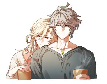 2boys absurdres alhaitham_(genshin_impact) antenna_hair arm_up chest_jewel collarbone commentary_request cropped_torso cup fingernails gem genshin_impact green_eyes green_gemstone grey_shirt hair_between_eyes head_on_another&#039;s_shoulder highres holding holding_cup kaveh_(genshin_impact) long_hair looking_to_the_side male_focus multiple_boys parted_bangs red_eyes shirt simple_background waruinu white_background white_shirt yaoi