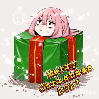 ... 1girl 2023 artist_name bags_under_eyes commentary_request dated gift hair_between_eyes hogerarara long_hair merry_christmas michinoku_komaro parted_lips pink_hair red_ribbon ribbon seitokai_ni_mo_ana_wa_aru! solo sparkle spoken_ellipsis sweat twitter_username