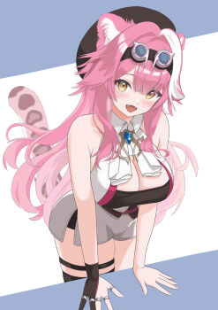 Rule 34 | 1girl, animal ear fluff, animal ears, ascot, bare arms, beret, black hat, blue gem, blush, breasts, brooch, cleavage, cowboy shot, fangs, gem, glawsbsxpytn7j9, goggles, goggles on head, hair between eyes, hair intakes, hashtag-only commentary, hat, highres, hololive, hololive english, jewelry, large breasts, leaning forward, long hair, looking at viewer, multicolored hair, open mouth, panther ears, panther girl, panther tail, pink hair, raora panthera, raora panthera (1st costume), smile, solo, streaked hair, tail, virtual youtuber, white ascot, white streaks, yellow eyes