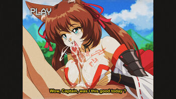 1990s_(style) 1boy 1girl animal_ears bare_shoulders blue_eyes breasts breasts_out brown_hair caleen_keemosn choker cleavage commission cum cum_in_mouth cum_on_body cum_on_breasts cum_on_upper_body cum_pool cum_string cumdrip dirtyero_(artist) facial fellatio fox_ears fox_girl fox_tail grabbing_another&#039;s_breast groping hair_ribbon hetero highres japanese_clothes large_breasts licking licking_penis long_hair looking_at_another miko multiple_tails nipples open_mouth oral outdoors paizuri penis retro_artstyle ribbon runes star_ocean star_ocean:_anamnesis subtitled tail talking tongue tongue_out twintails uncensored very_long_hair vhs_filter