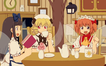3girls :d analog_clock ascot back_bow beret black_bow black_bowtie blonde_hair blue_bow blunt_bangs blunt_ends book bottle bow bowtie brown_eyes cabinet chair clock coffee_pot covered_mouth crossed_arms cup drill_hair drink drinking eyes_visible_through_hair fairy fairy_wings fang flower frilled_sleeves frills from_side hair_between_eyes hair_bow hairband hand_up hands_up hat high_collar holding holding_book holding_cup index_finger_raised indoors lantern looking_ahead looking_at_another looking_at_viewer looking_to_the_side luna_child milk milk_bottle mirror mug multiple_girls note on_chair open_book open_mouth orange_hair paper pink_flower print_mug profile puffy_short_sleeves puffy_sleeves purple_eyes red_bow red_eyes renzaoshen retro_artstyle room saucer short_hair short_sleeves sideways_mouth sleeve_bow smile star_sapphire straight_hair sun_print sunny_milk table tape teacup touhou transparent_wings tree treehouse two_side_up upper_body vase wall_clock white_bow white_hairband white_headwear wing_collar wings wooden_chair wooden_table yellow_ascot