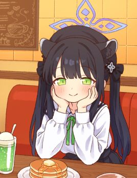 1girl animal_ears black_hair blue_archive blush food green_eyes halo long_hair onyhakase pancake shun_(blue_archive) shun_(small)_(blue_archive) smile solo