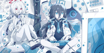 abigcarrot_owo absurdres aqua_eyes aqua_halo aqua_jacket aqua_necktie aris_(blue_archive) black_hair black_shirt blue_archive bound bound_wrists controller gag game_controller game_development_department_(blue_archive) hair_between_eyes halo highres improvised_gag jacket kei_(blue_archive) kei_(new_body)_(blue_archive) long_hair long_hair_between_eyes multicolored_jacket necktie pantyhose playing_games rectangular_halo red_eyes red_halo shirt tape tape_gag tied_up_(nonsexual) very_long_hair white_hair white_jacket white_pantyhose white_shirt